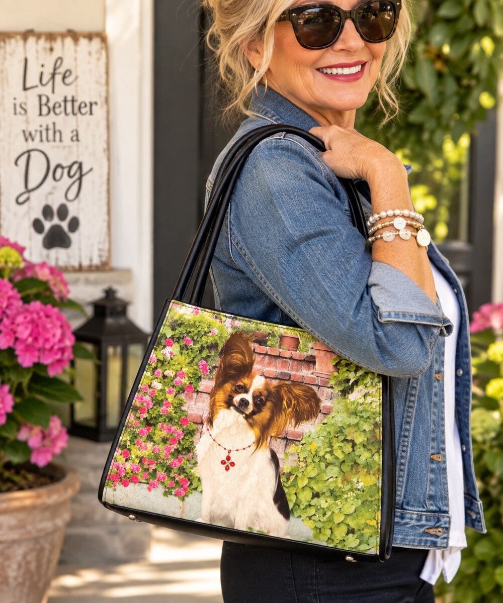 Papillon Dog Shoulder Purse Handbag Jeweled Rhinestone Floral Garden Tote